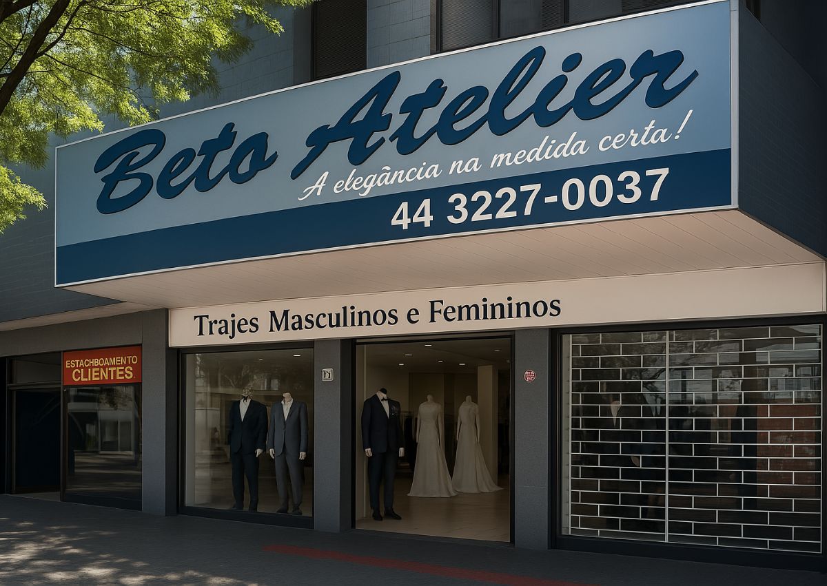 Fachada da loja Beto Atelier em Maringá com vitrine de trajes masculinos e femininos